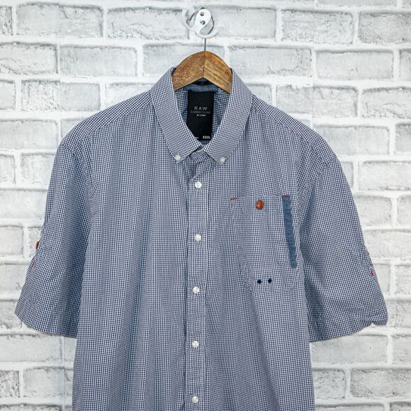G Star RAW Correctline Men's Short Sleeve Button Down Shirt Blue gingham sz 3XL - Picture 4 of 6